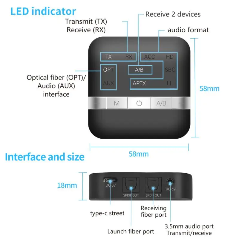 

2 In 1 Bluetooth 5.0 Receiver Transmitter APTX Adapter For TV Headphone Optical 3.5mm DSP Bluetooth AUX Wireless Audio Adapter