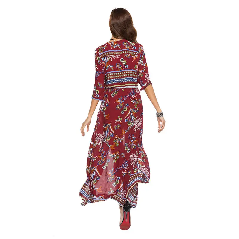 

Boho Floral Printed Maxi Dress for Women 2020 Summer Plus Size Long Dress Beach Style V-Neck Button Dress