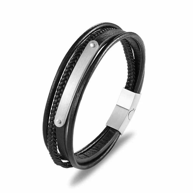 Silver Black Модный браслет из натуральной кожи Мужская Черная косичка многослойная веревочная цепь из нержавеющей стали ID бренд Магнитная застежка мужской ювелирный подарок - Окраска металла: Silver Black