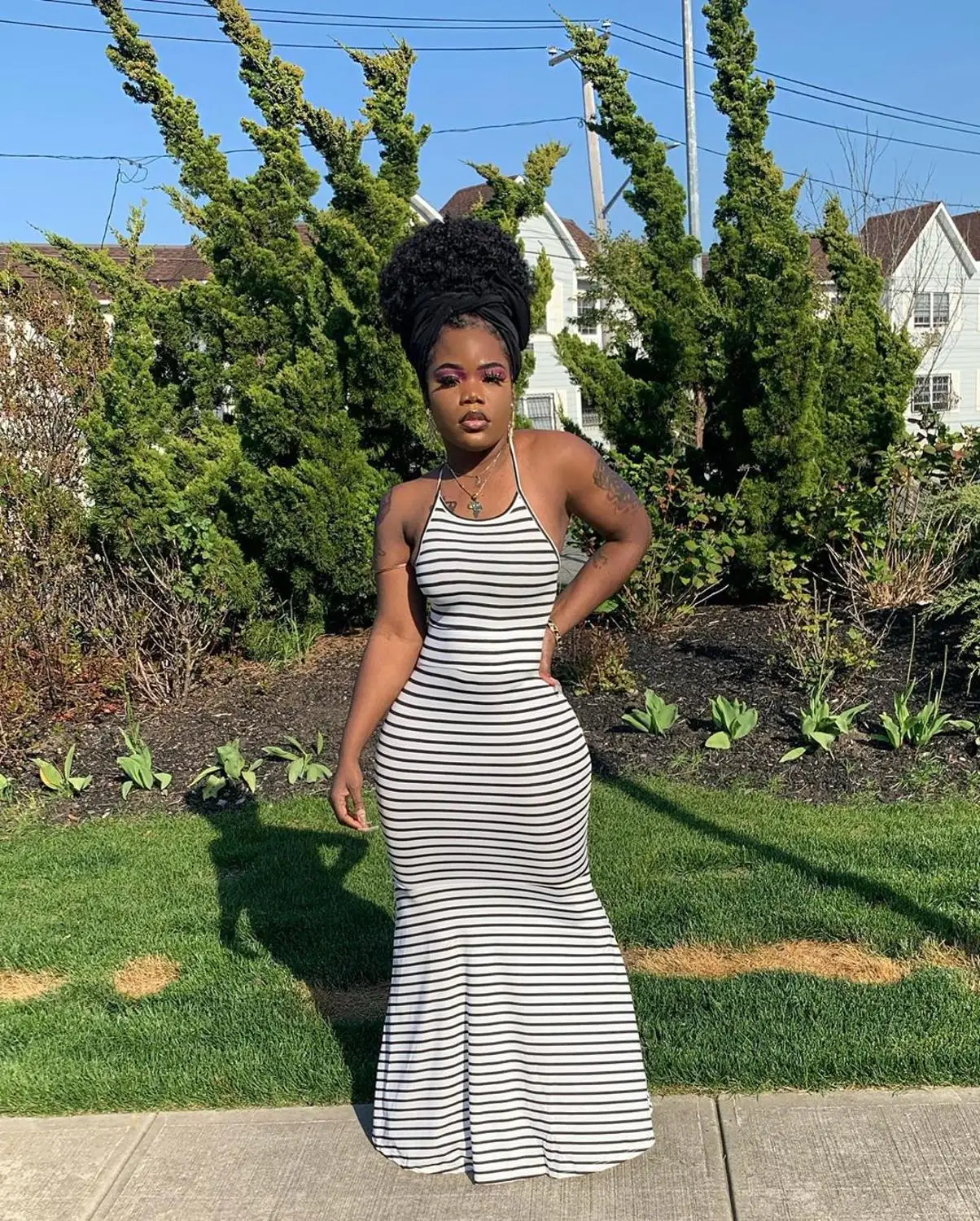 

Echoine Sexy Strap Bodycon Striped print long maxi dress backless cross lace up dresses