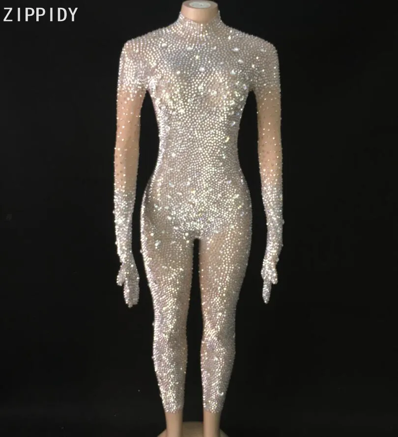 

Silver Stones Gloves Jumpsuit Mesh Rhinestones Bodysuit Pants Birthday Celebrate Outfit Evening Singer Sparkly Wear
