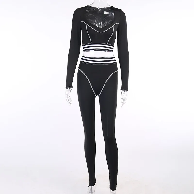 

Night Club 2020 New Arrival Winter Style Long Sleeve Square Collar T-Shirt Black Trousers Two Piece Fashion Designer Women's Set