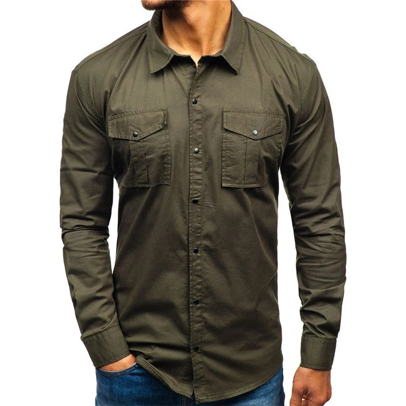 Рубашка мужская в стиле милитари, хлопок, длинный рукав, Карго, приталенная, на пуговицах, карманы, однотонная, осень 2021 от AliExpress WW