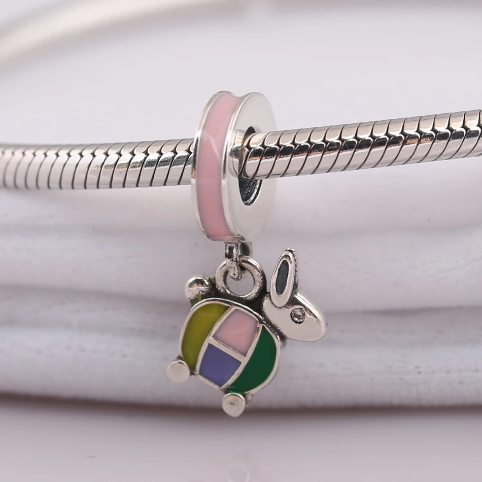 Аутентичные S925 серебро смешанные эмалью в виде кролика с милый кулон кристаллом