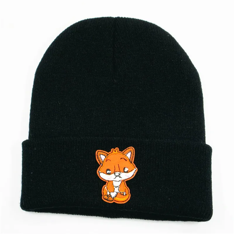 

Small Fox Embroidery Cotton Thicken Knitted Hat Winter Warm Hat Skullies Cap Beanie Hat for Men and Women 124