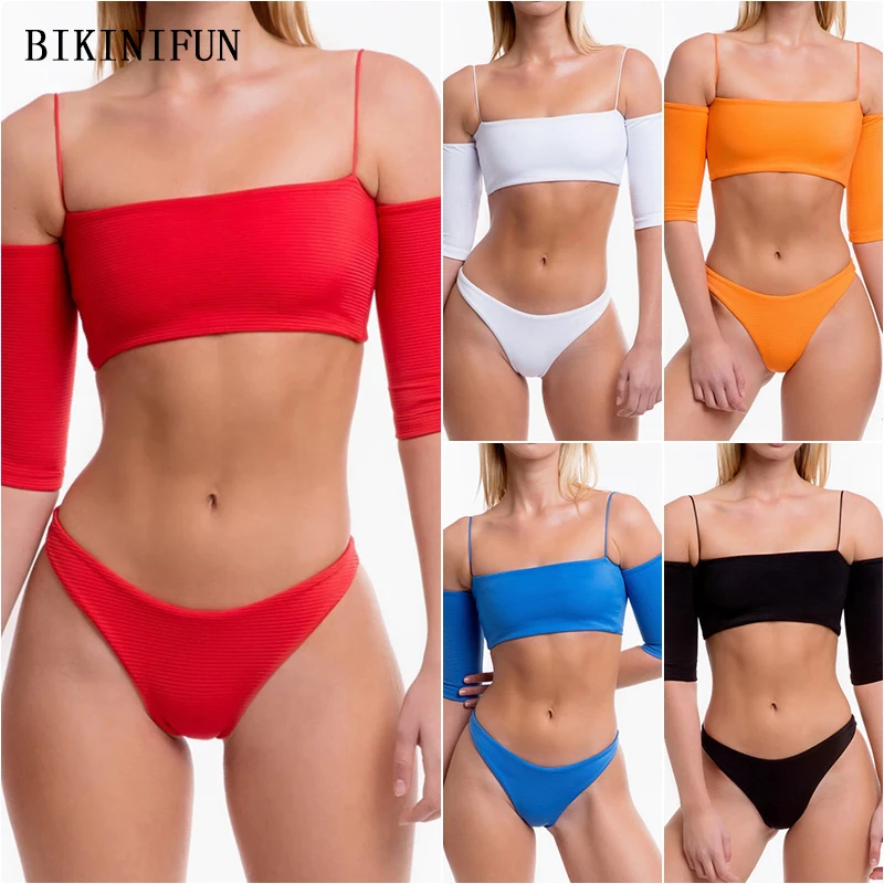 

2020 New Sexy Off Shoulder Beachwear Women Flat Bralette Swimwear Ribbed Bathing Suit S-XL Girl Backless Swimsuit Bikini Set