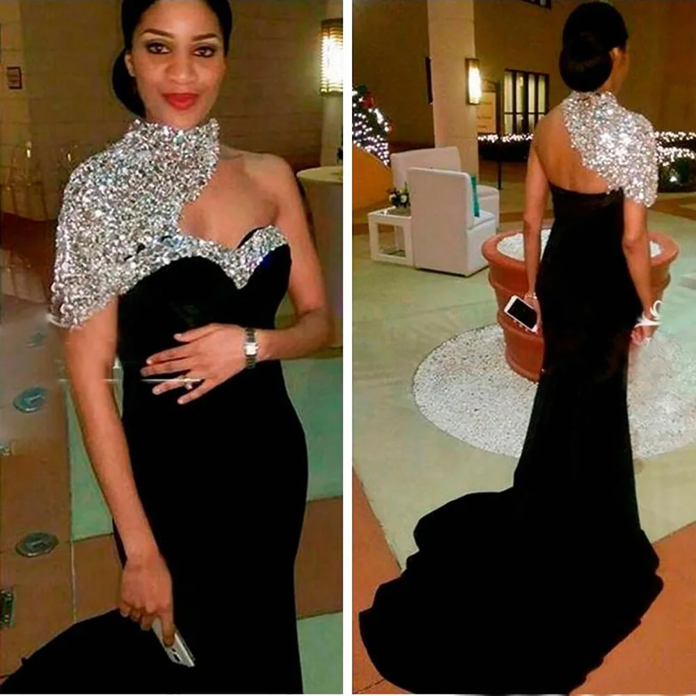 Шикарные элегантные черные длинные вечерние платья русалки с высоким воротником