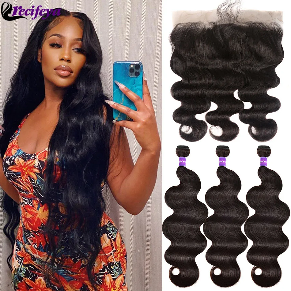 Transparent Lace Frontal With Bundles Brazilian Body Wave Bundles With Frontal 100% Remy Human Hair 3/4/5 Bundles With Closure