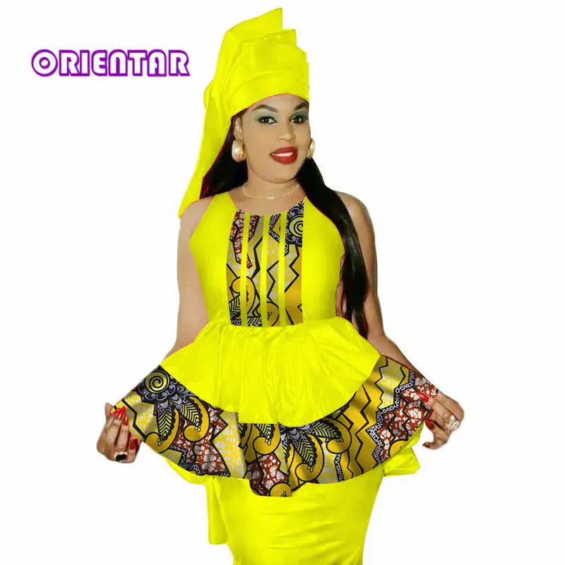 2 Pieces Set African Clothes for Women Sleeveless Tops and Skirt Bazin Riche Africa Print Patchwork Top Skirt Headtie WY3039