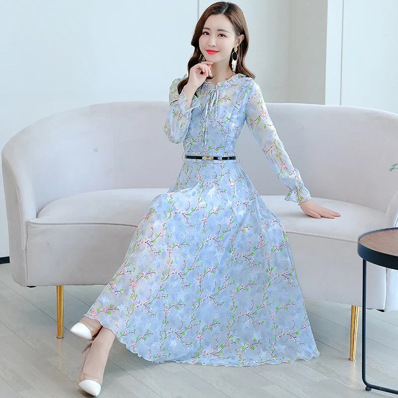 

LUKAXSIKAX 2020 New Spring Autumn Women Long Sleeve Dress High Quality Ruffles Chiffon Floral Long Dress Beach Vacation Dress