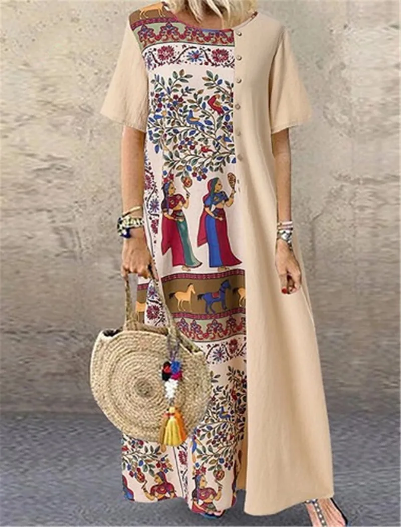

Casual loose summer dresses for women Female short sleeve patchwork print cotton maxi dress large size vintage dress plus size