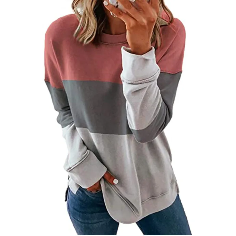 

Plus Size S-5XL Women T-shirts Casual Loose Three Contrast Color Patchwork T-Shirt 2022 Fashion O-Neck Long Sleeve Pullover Tops