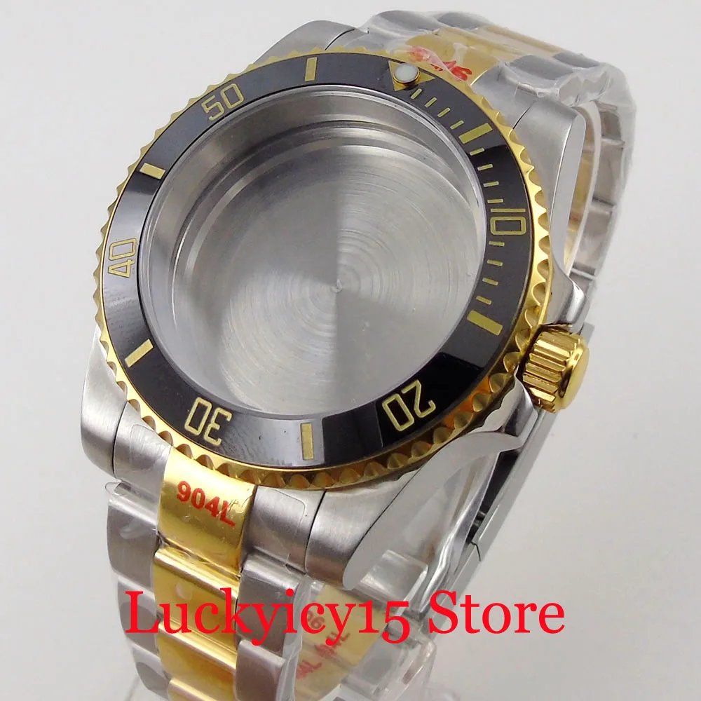 Steel 40MM Watch Case Fit NH35A NH36A ETA 2836 MIYOTA 8215 DG 821A Two Tone Gold Jubilee/Oyster Bracelet Glide Lock