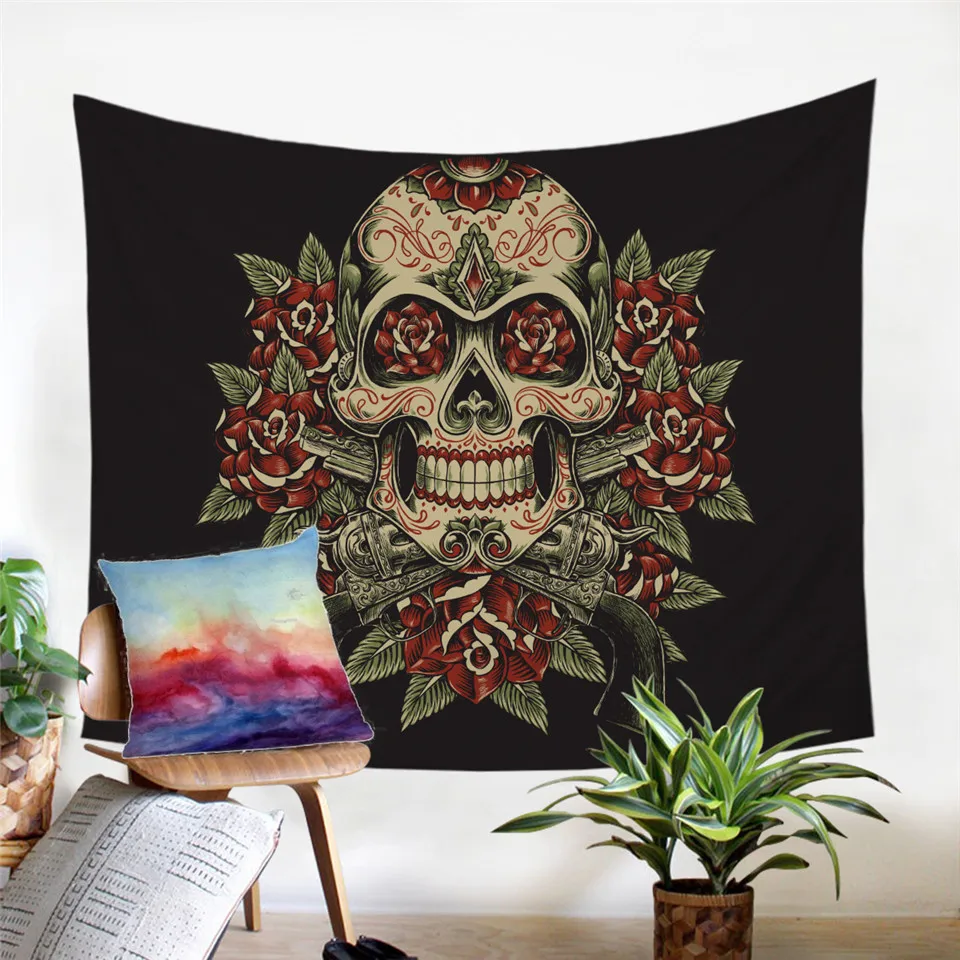 Постельное белье на выход сахарный череп и цветочный гобелен с цветочным принтом