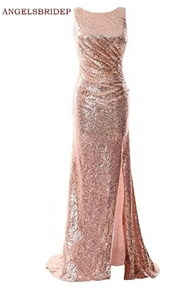 

ANGELSBRIDEP High-Neck Evening Party Gown Sexy Side Split Bling Bling Sequined Floor-Length Formal Celebrity Prom Gowns Custom