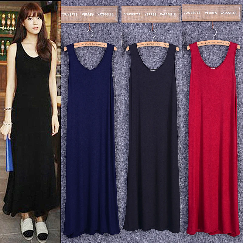 

2020 Summer Women Long Dress Ankle-Length O-neck Sleeveless Streetwear Blue Modal Cotton Black Home Dresses Robe Ete Femme