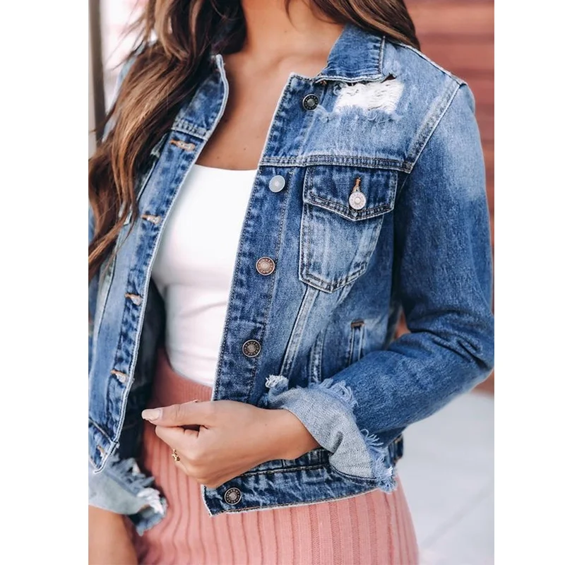 

Jean Jacket Women Denim Jackets New Short Spring Autumn Women Fashion Long Sleeve Lapel Tassel Plus Size Ripped Denim Jacket