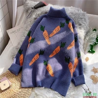 knitted sweater women carrot pattern long sleeve pullover loose high necked blue yellow sweater autumn winter 2021