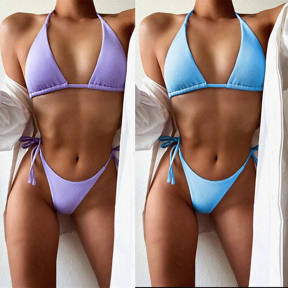 

Sexy Solid Triangle Bikini Swimwear 2 Piece Micro Bikini Set Bandage Backless Brazilian Swimsuit Women Beachwear Biquini Set