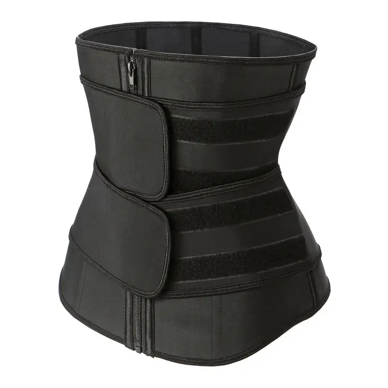 Fashion Pink Black Double Compression Belt And Zipper Women Workout 9 Bones Slimming Tummy Latex Waist Trainer Cincher Corset
