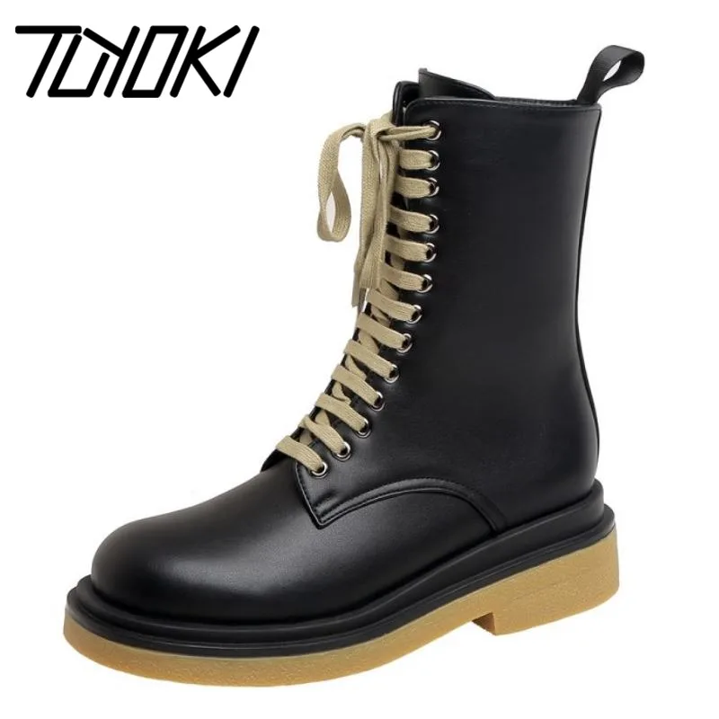 

Женские ботинки до середины икры Tuyoki, на плоской подошве, модная повседневная обувь, размеры 34-40, для осени и зимы, 2021