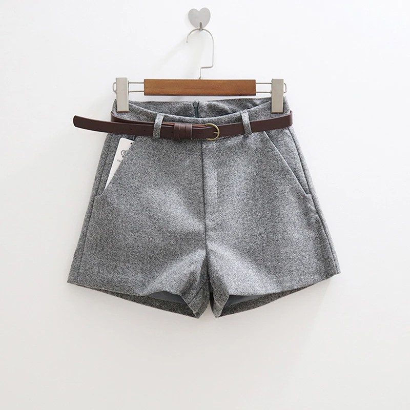 

Autumn Winter Formal Shorts Women Korean High Waist Thick With Sashes Wide Leg Shorts Female Gray Black Casual Bottom