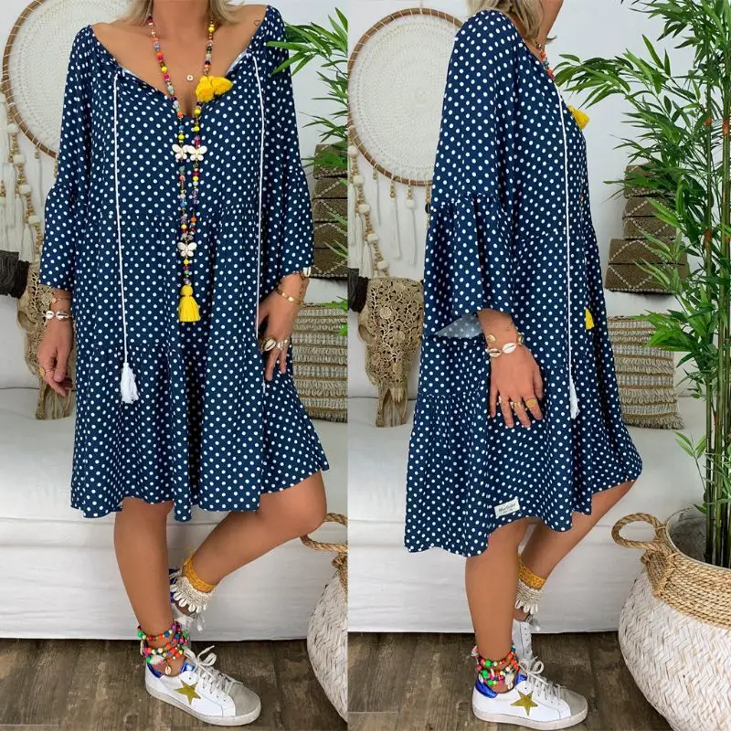 Helisopus Summer Plus Size Women Boho Floral Print Dress Casual Loose Deep V Neck Holiday Beach Shirt Dress Vestido