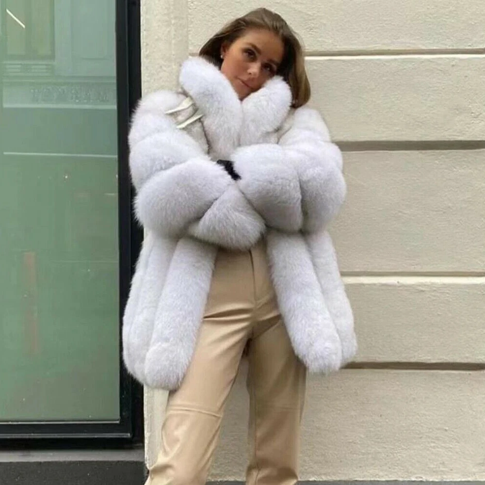 Mid-length Natural Fox Fur Coats with Lapel Collar 2022 New Trendy Genuine Full Pelt Fox Fur Jacket Luxury Woman Fur Overcoats