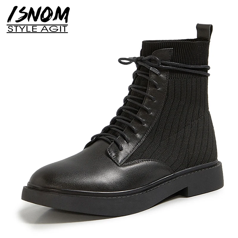 

ISNOM Ankle Boots Woman Cow Leather Sock Boot Lace Up Shoes Women Flat Sole Cross Tied Platform Booties Casual 2021