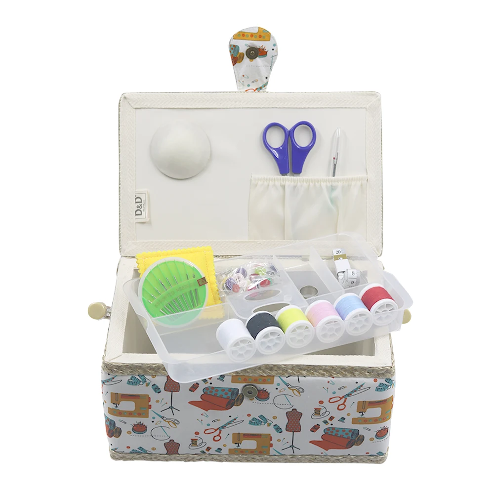 Бытовая коробка для хранения корзина шитья из дерева и ткани с инструментами