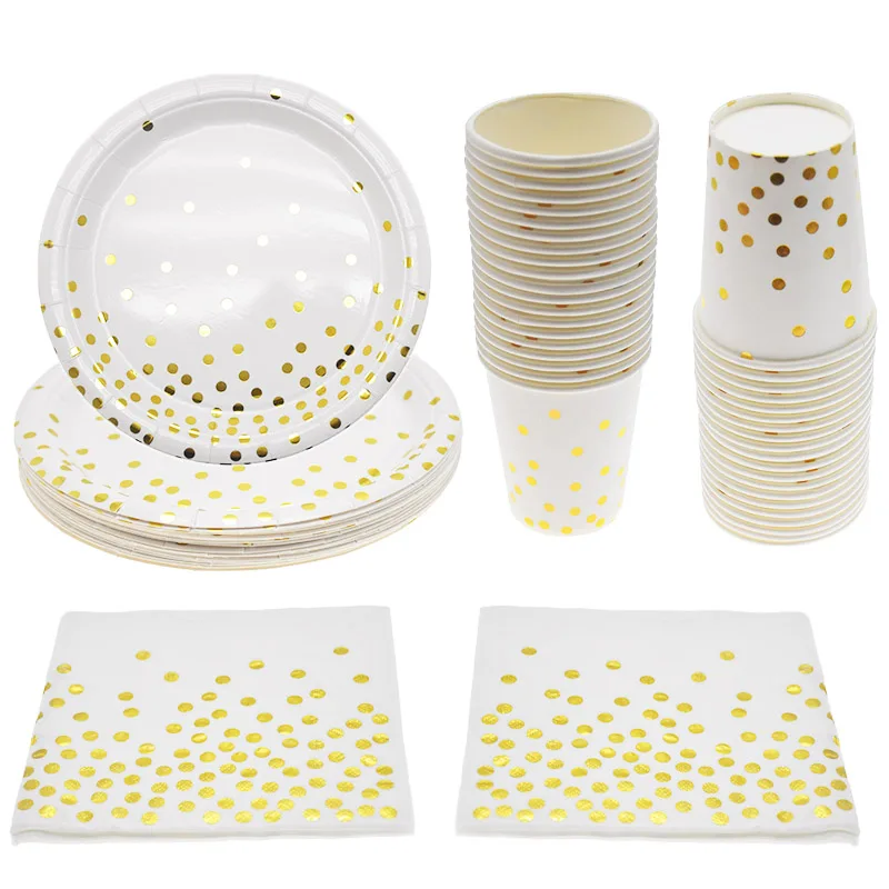

10 person Gold Foil White Theme wedding tableware party disposable supplies birthday decor adult disposable plates,cups,napkins