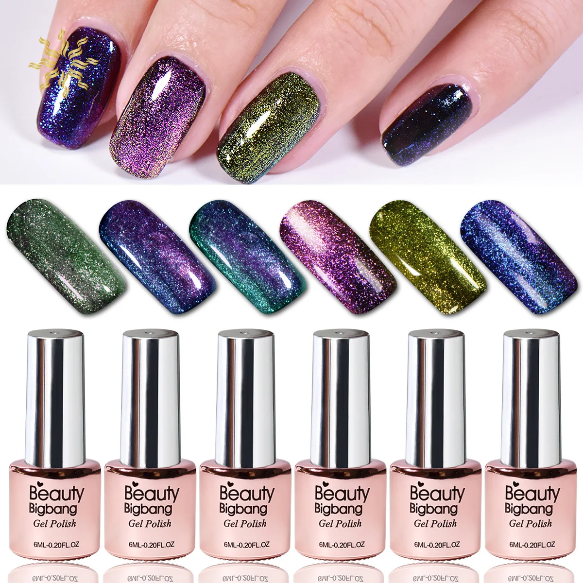 

BEAUTYBIGBANG 6 Bottles Chameleon Holographic Nail Gel Polish Set Starry Platinum Effect Soak Off Varnish Nail Art Polish K510