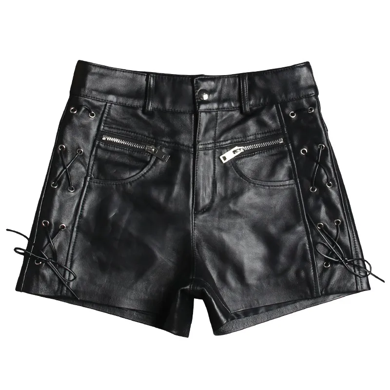 

High Quality New Women Genuine Leather Fashion Shorts Side Drawstring Zipper Pocket Mid Waist Streetwear Models Sheepskin Short