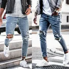 Синие рваные джинсы для мужчин, уличная одежда, рваные брюки-карандаш в стиле хип-хоп, брюки-джоггеры с нашивкой
