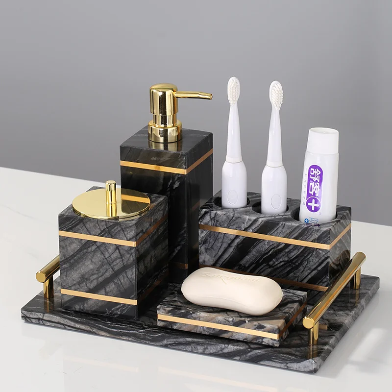 

Bathroom Set Marble Liquid Soap Dispenser Toothbrush Holder Dish Gargle Cup Tray CottonSwab Box Aromatherapy Bottle Nordic Style