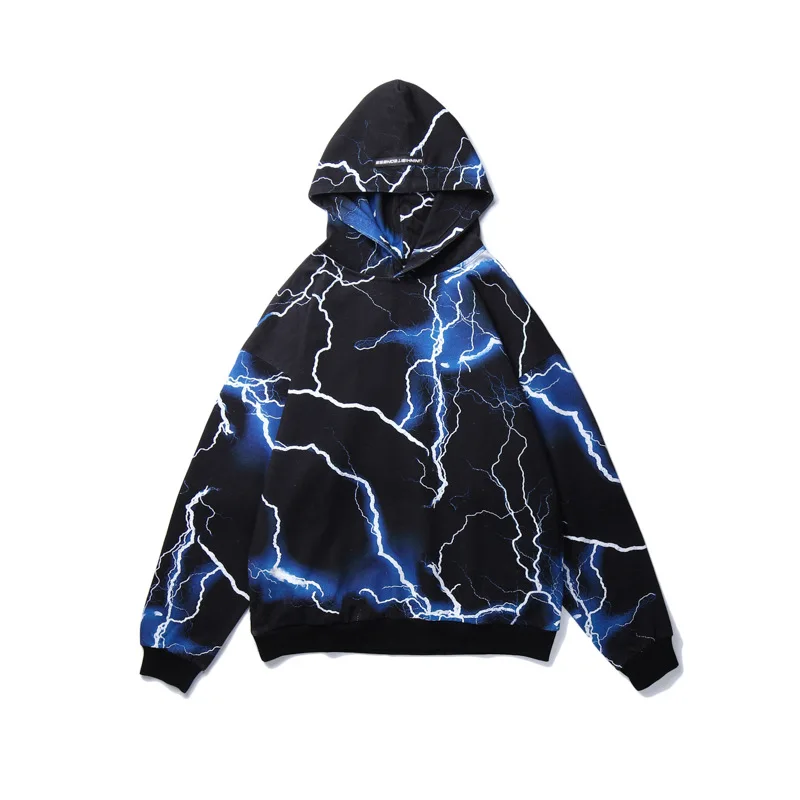 

2021 High Quality Lightning Print Cotton Punk Mens Oversized Hoodies Pullover Dark Streetwear Vintage Hooded Women Sweatshirts