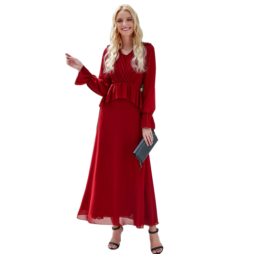 

Red chiffon muslim fashion abaya dress women double chiffon long skirt islam clothing Dubai muslim women's kaftan dress MSL903