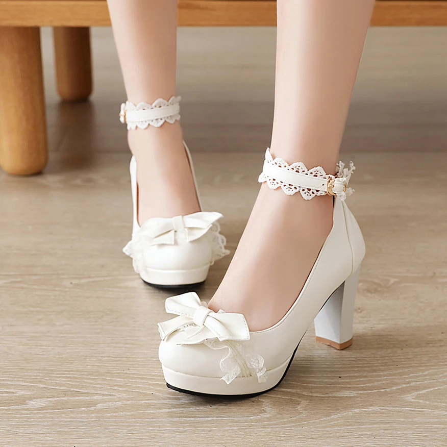 Summer 2023 Ladies Heels Platform Cute Bow Lace Princess Mary Jane Lolita Shoes Party High Heel Buckle Women Pumps Girls Sweet