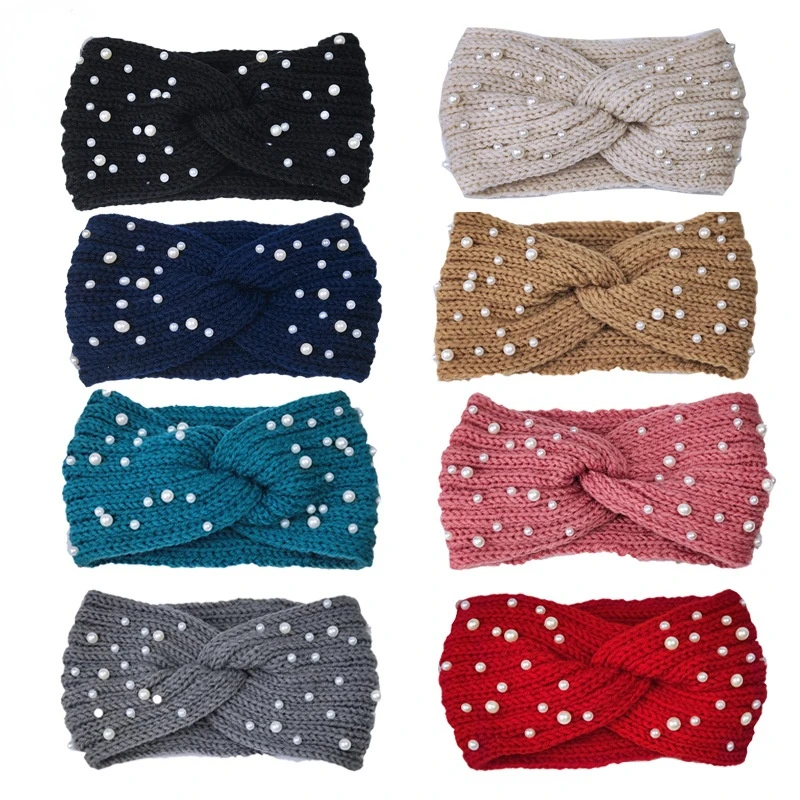 

New Pearl Wool Knitting Headbands for Women Wide Side Elastic Cross Hairband Fashion Warm Yoga Winter Hair Hoop Hair Accessories