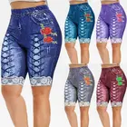 Размера плюс женские шорты для йоги, леггинсы, имитация денима, короткие штаны, летние женские шорты с цветочным принтом и высокой талией, 2021