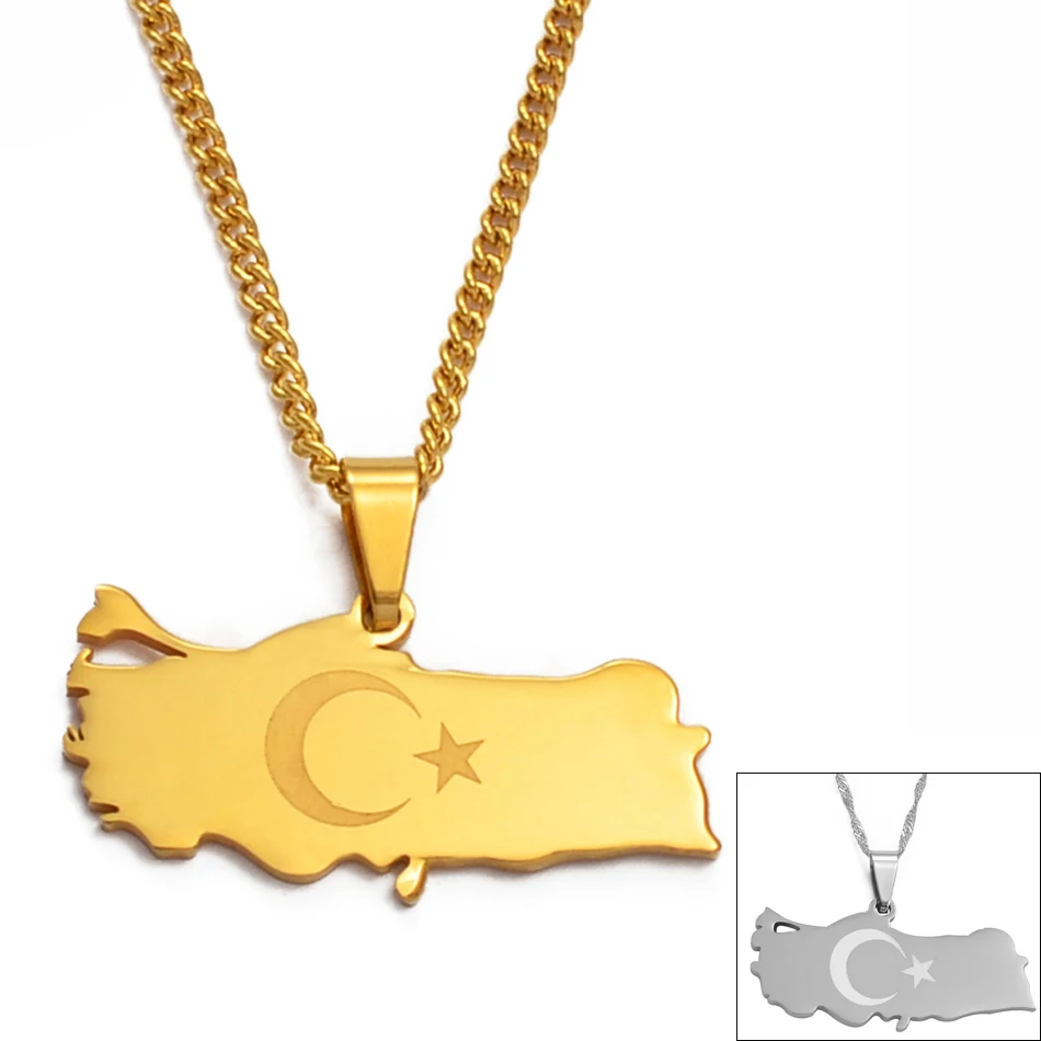 

Anniyo Turkey Map Flag Gold Color / Silver Color Pendant Necklace for Women Men Turks Jewelry Patriotic Gifts #012021