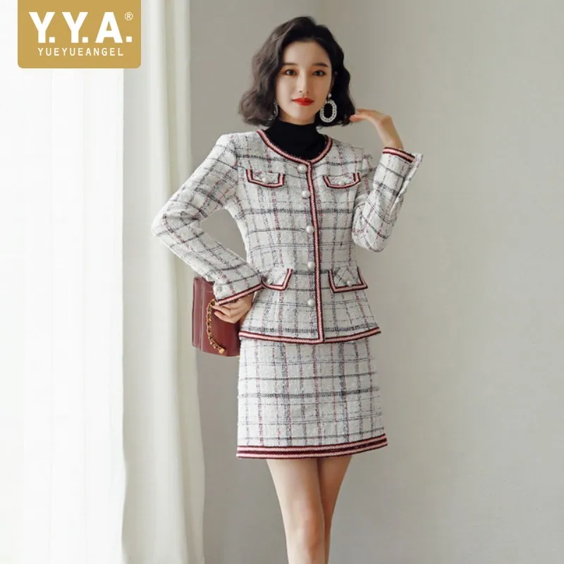 

Women Tweed Mini-Skirt Suits Fashion Casual Two Piece Sets Round-Neck Single-Breasted Diamond Office Lady Autumn Winter Female