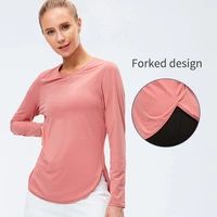 women sports top fitness running gym clothing solid color split fork yoga t shirt long sleeve workout blouse loose sport shirt
