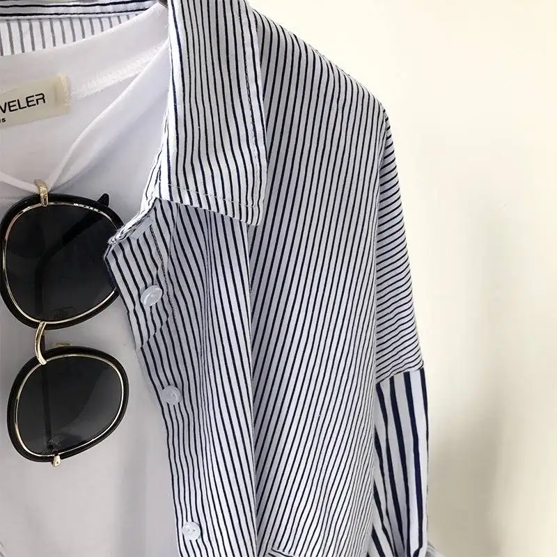 Новые весенне-летние блузы в полоску стиле преппи женские свободные модные