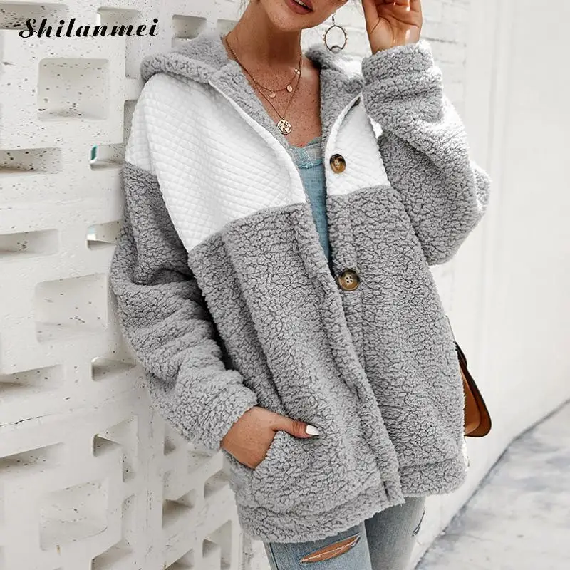 

2019 New Women Fleece Jacket Casual Oversized Hooded Jacket Women Autumn Winter Warm Button Street Coat Hoody Teddy Outwear Blue