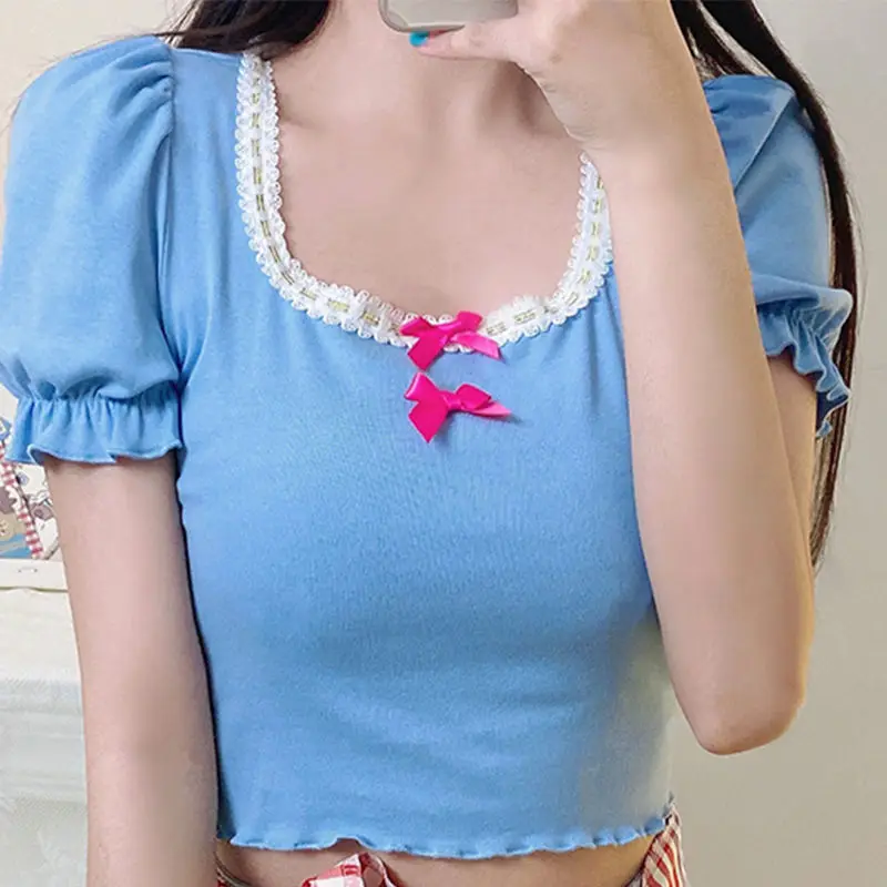 

Can Salt Can Be Sweet Retro Contrast Lace Stitching Square Neck Blouse Women