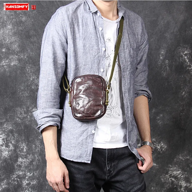 Men's Shoulder Messenger Bag Men Genuine Leather Crossbody Bag Mini Chest Bag Male Phone Bags Retro Casual First Layer Leather