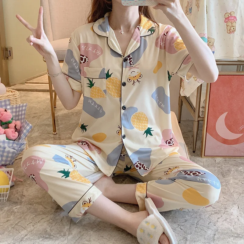 Pajamas women's summer new cartoon leisure short sleeve pants thin Korean version lovely loose large size home suit sleepwear