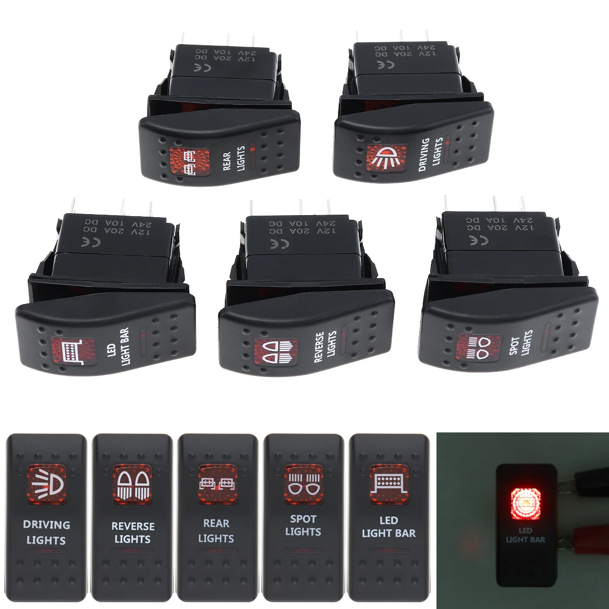 

Waterproof 20A 5 Pin Marine Switch SPST ON-OFF Car Switch Boat Truck Light with Dual Illuminated LED Red Lamp Auto Swithes