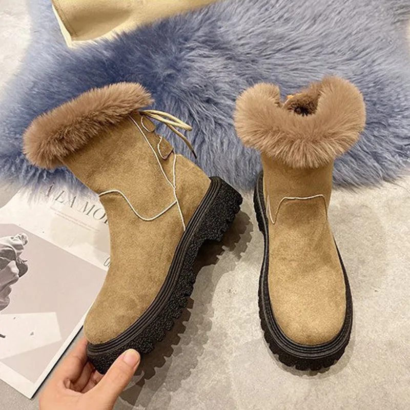

Women Furry Snow Boots Warm Plush Slip On Female Mid Calf Boots Comfortable Leisure Ladies Shoes Winter Footwear Fashion